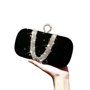 Black Velvet Evening Clutch Bag with Rhinestone Handle and Strap Crystal  Purse